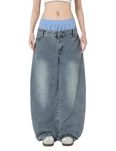 Aelfric Eden Double Waist Loose Sagging Jeans Baggy Denim Pants High Waist Stretchy Straight Wide Leg Jeans Blue - Image 1
