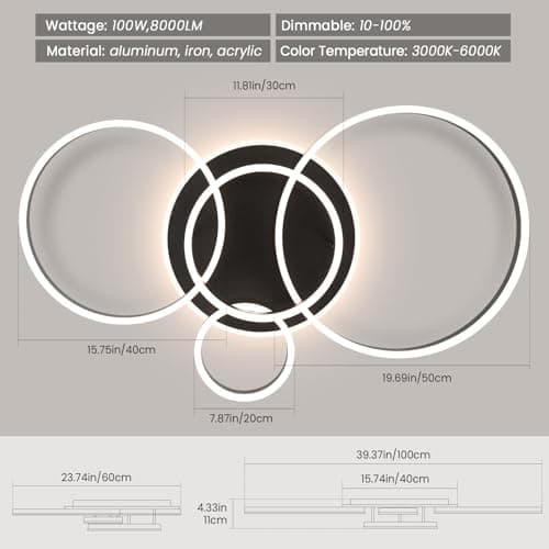 Modern LED Ceiling Light Black Flush Mount Ceiling Light Dimmable Dining Room Light Fixtures with Remote Acrylic Rings Kitchen Lighting Fixtures Ceiling Lamp for Living Room Bedroom (Black, 4 Rings) - Thumbnail 5