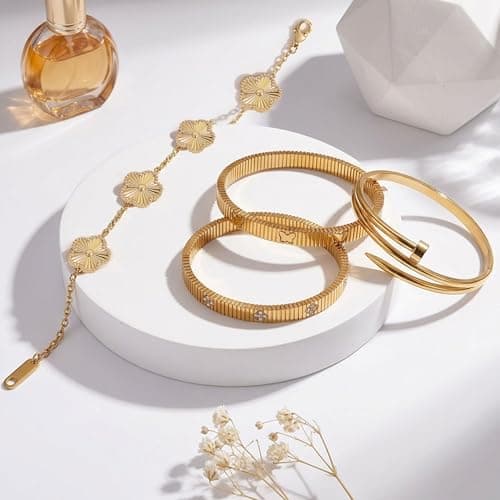 Stackable Gold Bracelets for Women - 4 Sets, 18K Gold Plated Bracelets, Stainless Steel Bangle Bracelets Non-Tarnish, Stylish Gold Jewelry Ensemble, Valentine's Day, Birthday and Christmas Jewelry Gifts - Thumbnail 6
