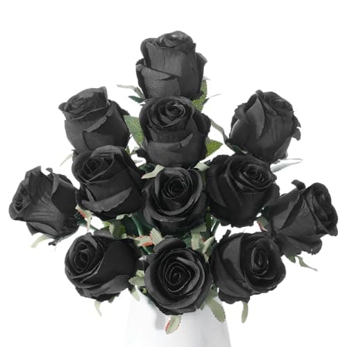 Wenhuidr 12pcs Black Roses Artificial Flowers – Realistic Silk Velvet Fake Rose with Long Stems for Valentines Day Wedding Bouquets Home Decoration Party Centrepieces & DIY Floral Arrangements
