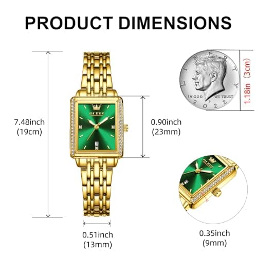 OLEVS Watch Women Gold Watches for Women Rectangle Green Face Waterproof Stainless Steel Small Wrist Womens Watch Dainty Elegant Analog Quartz Ladies Watches Reloj para Mujer - Thumbnail 2