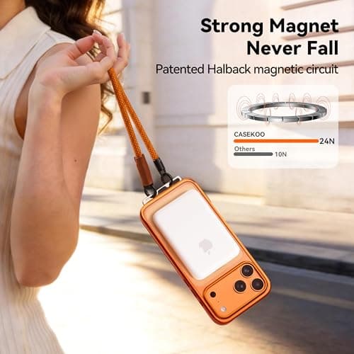 CASEKOO Linkoo 1st Magnetic iPhone 17 Pro Max Phone Case with Strap, Built-in Foldable Hidden Tab, Anti-Fall Lanyard, Aluminum Alloy Lens Protection, Tether Case, Hiking Daily Commute, Glossy Orange - Thumbnail 6
