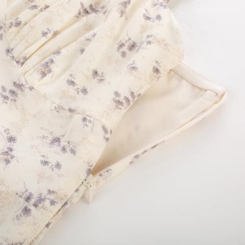 Belle Poque Flowy Smocked Back Sun Dress Midi Renaissance Cottagecore Dress Beige Purple Floral Dress for Women 2XL - Thumbnail 4