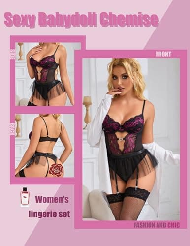 Tidouk Lingerie Sets Lace Lingerie for Women Sexy Push Up Teddy Lingerie with Gartet Belt（Black+Pink,XX-Large - Thumbnail 2