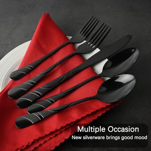 Black Silverware Set for 12, 18/0 Stainless Steel Frosted & Mirror Finish 60-Piece Flatware Set, Modern Cutlery Set for Wedding Restaurant Housewarming Party Event Serving For 12 - Thumbnail 4