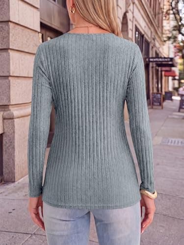 ANRABESS Women's Ribbed Knit Long Sleeve Tops,Blue,Large - Thumbnail 5