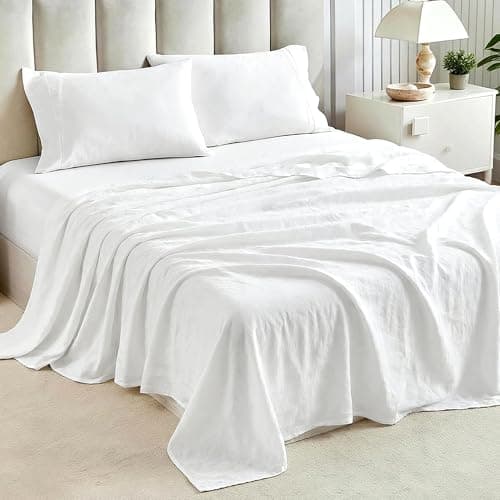 Tokokimo Washed Cotton-Linen Feel 4-Piece Twin Size Sheet Set for Busy Lifestyles – 10-16" Deep Pocket Bed Sheets with Natural Wrinkles, Quick-Dry, Breathable, Soft White
