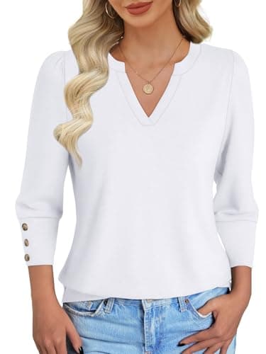 NORACORA 3/4 Length Sleeve Womens Tops with Button Cuffs Dressy Casual Blouses for Women V Neck T Shirts Beach Vacation Spring Summer Outfits White XL - Thumbnail 4
