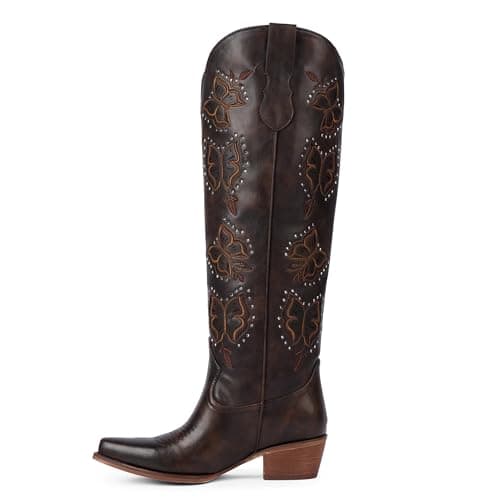 Easyfox Cowgirl Boots for Women Butterfly Embroidered Chocolate Cowboy Boots Chunky Heel Dark Brown Rhinestone Knee High Western Boot Pointed Toe Slip on Block Heel Cow Girl Boot 6.5 - Thumbnail 4