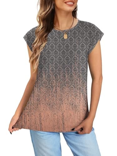NORACORA Womens Spring Summer Cute Floral Tops Crew Neck Shirts Short Sleeve Tunic Basic Blouses Loose Tops Party Cap Sleeve T Tshirts Grey Pink Gradient XL - Thumbnail 5