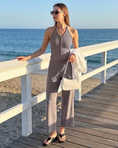G4Free Backless Halter Top Y2K Going Out Ribbed Cropped Tank Tops Open Back V Neck Camisole Slim Fit (Taupe,L) - Thumbnail 5