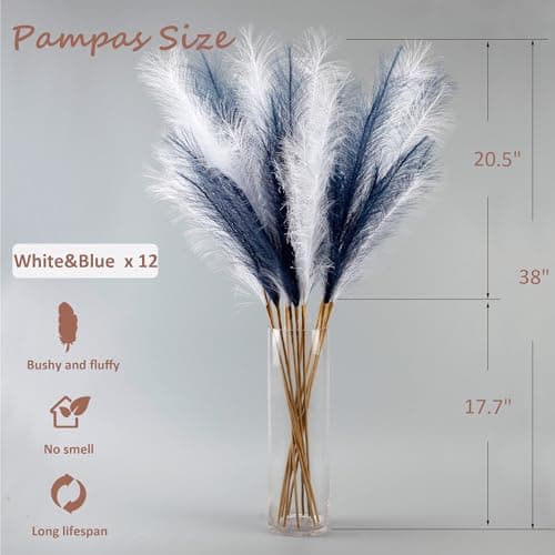 Acfruits 12 Pcs Navy Blue and White Pampas Grass Decor 38"/3.1FT Tall Fake Pompas Floral Large Artificial Pompous Grass Branches Plants for Floor Vase Filler Home Boho Decoration - Thumbnail 2
