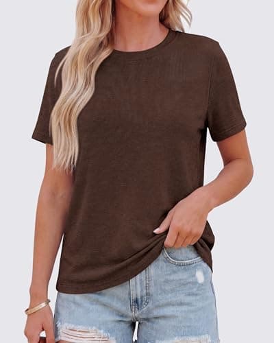 KIRUNDO Womens Tops Summer Short Sleeve T-Shirts Casual Crewneck Knit Plain Basic Tees Top Going Out Outfits Fashion Clothing(Brown, XX-Large) - Thumbnail 3