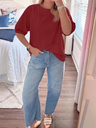 Tankaneo Oversized Tshirts for Women Summer Half Sleeve Tops Casual Crewneck Baggy Tunic Loose Fit Basic Tees Spring Clothes Wine Red - Thumbnail 5