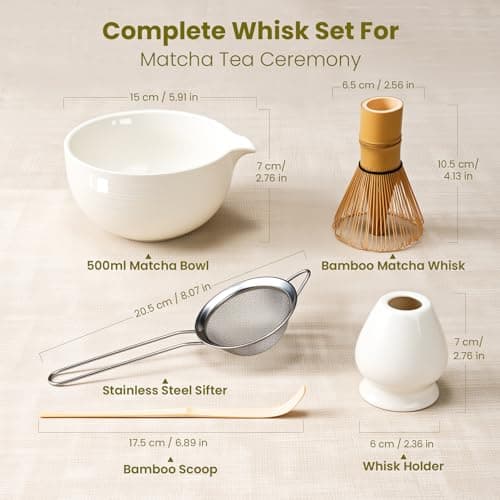 Matcha Whisk Set, Ceramic Bowl Matcha Kit & Handcrafted Bamboo Chasen, Complete 5 Pcs Matcha Set Whisk and Bowl, Stainless Steel Sifter, Bamboo Scoop & Holder for Matcha Lovers - Thumbnail 2
