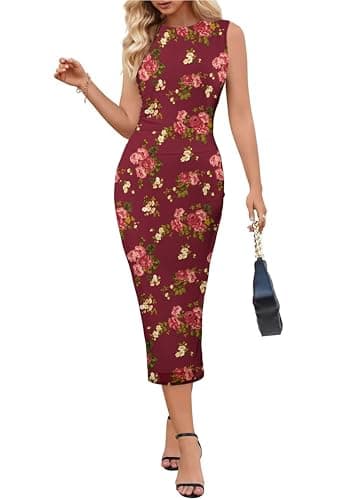 MEROKEETY Women's Summer Bodycon Tie Dye Dress Sleeveless Crew Neck Mesh Cocktail Party Maxi Dresses, Red, Large - Image 1