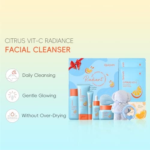 QUIYUM Citrus & Vit-C Glow Up Skin Care Set - 6-Step Daily Routine with Cleanser, Toner, Serum, Eye Cream, Moisturizer & Face Mask, Facial Gift Set for Women Preteens Girls, for Fresh Radiant Skin - Thumbnail 3