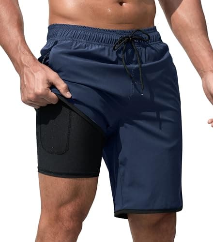 MOANOK Mens Swim Trunks with Compression Liner 9 Inch Quick Dry Bathing Suit Board Shorts with Zipper Pockets, A-Navy, 30 - Image 1