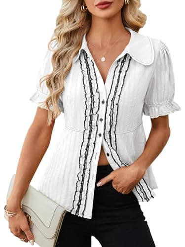 ECOWISH Women's Button Down Shirt - Peter Pan Collar Cotton Blouse Summer Dressy Short Sleeve Loose Fit Work Tops White S - Image 1