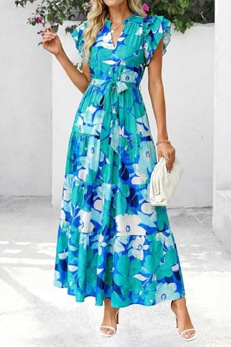 dowerme Women Summer Maxi Dresses 2026 Ruffle Sleeve V Neck Floral Boho Long Dress Belted Tiered Sundress with Pockets(Floral Blue Green,Small) - Thumbnail 6