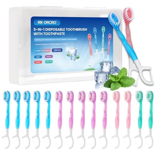 20Pack Mini Disposable Toothbrushes 5-in-1 Portable Pre-Pasted Travel Toothbrush with Toothpaste+Tongue Scraper+Floss+Pick Individually Wrapped Small Prepasted Travel Toothbrush for Kids Adult - Image 1