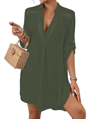 Bsubseach Women’s Swimsuit Coverup V Neck Bathing Suit Cove Up for Swimwear Long Sleeve Beach Dress Shirt Green S - Image 1