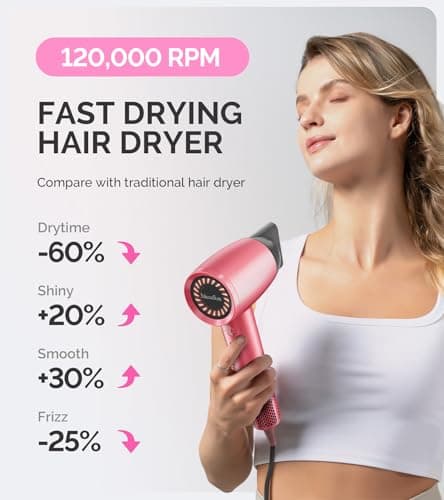 MelodySusie Hair Dryer with Diffuser, 1600W Fast Drying Low Noise Ionic Hair Dryer for Curly Hair with Diffuser,Nozzle and Hair Brush,120,000 RPM Blow Dryer Ideal for Women - Thumbnail 2