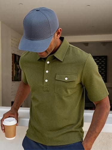 JEMLDL Short Sleeve Polo Shirts for Men Summer Quick Dry Stretch Slim Fit Golf Shirt with Pocket 4 Button Placket Olive L - Thumbnail 3