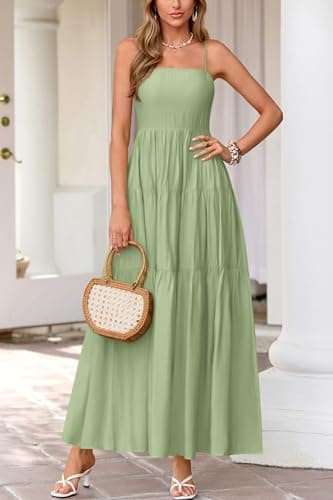 Okiwam Women's Summer Dress 2026 Casual Boho Sleeveless Spaghetti Strap Smocked Maxi Dress Ruffle Long Beach Sundresses-XXL Light Green - Thumbnail 5