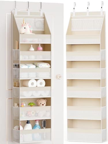 Criusia Over the Door Organizer, 6-Shelf Closet Hanging Storage with 13 Mesh Pockets, 55lbs Capacity Behind the Door Storage for Baby Nursery, Bathroom, Bedroom, and Dorm, Beige - Image 1