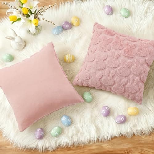 decorUhome Pink Faux Fur Bunny Throw Pillow Covers 20X20 Set of 2 - Thumbnail 6