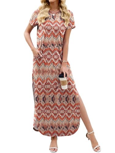 Heymoments Womens Summer Maxi Dress Floral Print Medium Short Sleeve Casual Loose Fitted Long T Shirt Ladies Flowy Dresses Split Cute Vacation Party Beach Travel Elegant Sundress with Pockets - Image 1