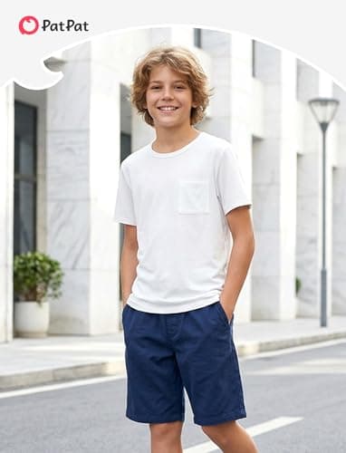PATPAT Boys Short Sleeve Shirts Size 15-16 Years White Summer Crewneck T Shirt with Chest Pocket Casual Basic Tops Tees for Teen Boy - Thumbnail 2