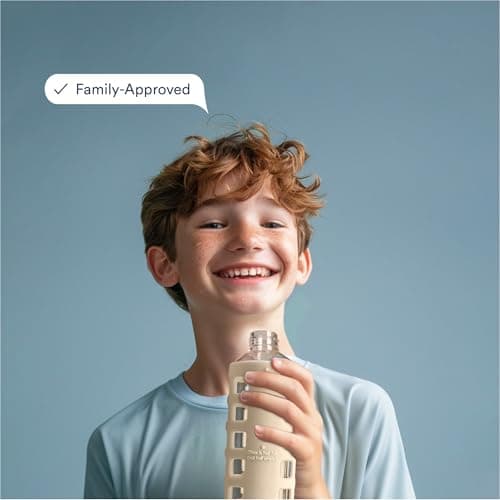 purifyou 40oz / 32oz / 22oz / 12oz Borosilicate Glass Water Bottle with Time & Volume Markers, Silicone Sleeve, Stainless Steel Lid | Reusable Glass Bottle for Water & Juice (12oz Pearled Ivory) - Thumbnail 6