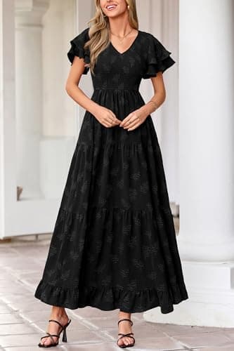 dowerme Maxi Dresses for Women 2026 Summer Ruffle Sleeve V Neck Smocked A Line Floral Boho Tiered Sundress Spring Outfit(Black,X-Large) - Thumbnail 3