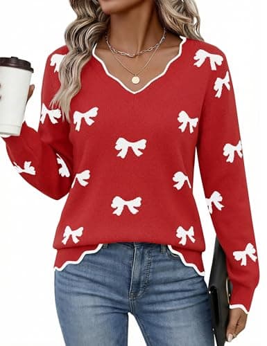 LaGracia Womens Fall V Neck Sweater 2026 Lightweight Casual Long Sleeve Valentines Knit Pullover Sweaters Dressy Fall Outfits Red-Bow M - Image 1