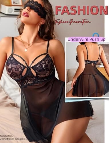 Avidlove Sexy Lingerie for Women V Neck Sheer Mesh Lace Underwire Push Up Babydoll Lingerie Dress Black L - Thumbnail 3