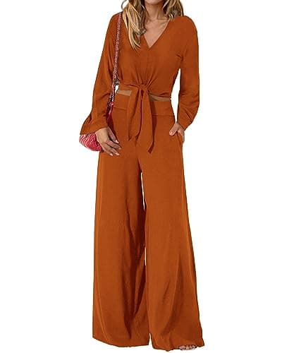 PRETTYGARDEN Women's 2 Piece Outfits 2026 Spring Fashion V Neck Long Sleeve Strappy Crop Top Wide Leg Pant Lounge Sets(Brown Orange,Large) - Image 1