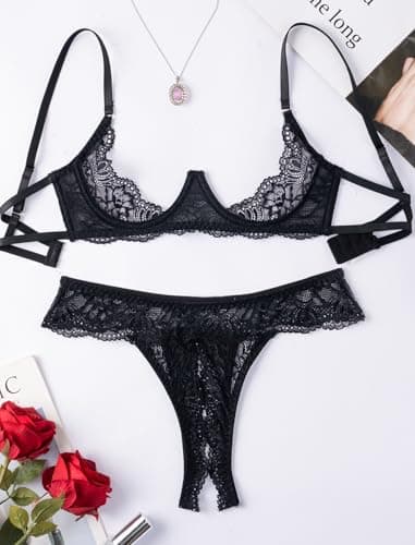 Avidlove Black Lace Lingerie Set for Women Underwire Push Up Bra with Panties Lingerie Set Black XL - Thumbnail 2
