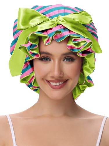 Vettres Silk Hair Bonnet for Sleeping, Satin Shower Cap for Women 2026 with Tie Band and Adjustable Straps Head Wrap for Curly Hair Pink-Red-Green F - Thumbnail 2
