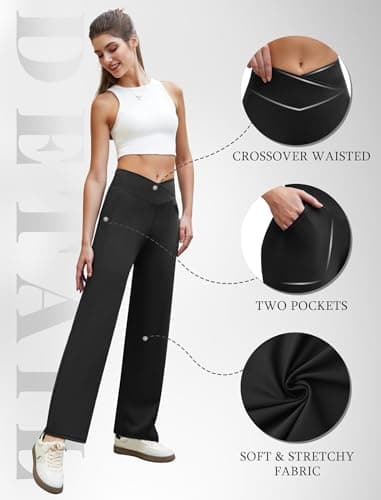 COPYLEAF Wide Leg Pants Woman Crossover Yoga Pants with Pockets Loose Stretchy Work Dress Pants Casual Lounge Sweatpants(Black M) - Thumbnail 6