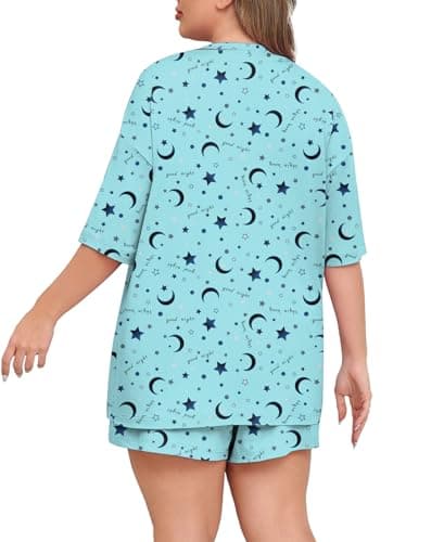 Lastshe Womens Plus Size Pajama Set 2 Piece Soft Short Sleeve with Pockets Shorts Sleepwear Knit Pjs Lounge Set Summer,Blue Star Moon,1X - Thumbnail 5