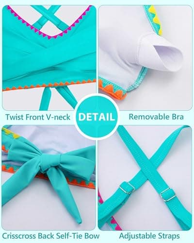 HOZIY Girl Swimsuits Teen Kids Two Piece Bikini Sets Mint Green V-Neck Crisscross Bathing Suit Juniors Adjustable Straps Swim Swimwear Size 14-16 - Thumbnail 4