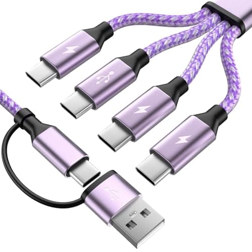 Jogrytece Upgrade 4 in 2 Multi Charging Cable, USB C to USB C Cable with 4 X Type-C, Travel Holiday Essentials Phone Charger Cord for iPhone 17/16/15, Galaxy, Android (1Pack 5FT), Purple