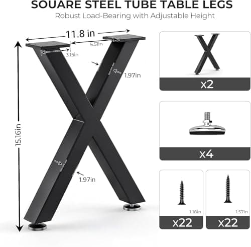 SNYXXOZ Coffee Table Legs 16H x 11.7W Heavy Duty Metal Bench Legs, X- Shape Dining Table Kitchen Table Office Desk Table Base Replacement with Adjustable Feet Pads Screws 1000 LBS Load Black Set of 2 - Thumbnail 2