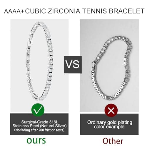 Tennis Bracelet for Women Men, 14K Gold Plated Round 3mm AAAA+ Cubic Zirconia CZ Dainty Classic Adjustable Stainless Steel Bracelets Festival Wedding Jewelry Gift (Steel, CZ 3mm) - Thumbnail 6