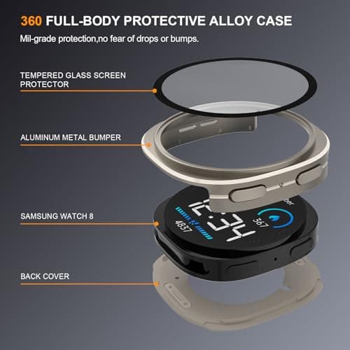 SDOCEBF 3 in 1 Metal Case for Samsung Galaxy Watch 8 Screen Protector 40mm, Ultra-Thin Aluminum Protective Bumper with Back Cover, Scratch-Resistant Cover for Galaxy Watch8, Titanium - Thumbnail 2