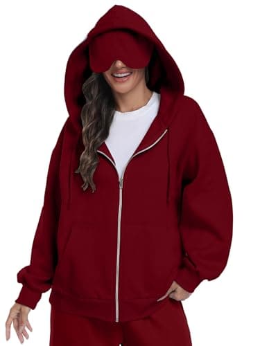 SeSe Code Unisex Zip Up Hoodie With Eye Mask Airplane Mode Travel Hoodies Oversized Sweatshirt Fleece Jacket Brown Red XL - Image 1
