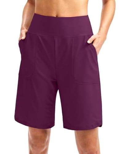 Viodia Women's 9" Long Swim Board Shorts with Pockets High Waisted Beach Swimsuits Knee Length Short for Women with Linerdark roseXXL - Image 1
