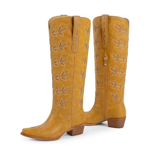 QIY Cowboy Boots for Women Knee High Womens Cowgirl Boots Nashville Pointed Toe Chunky Heel Cow Girl Banana Yellow Western Boot Size 6 - Thumbnail 5